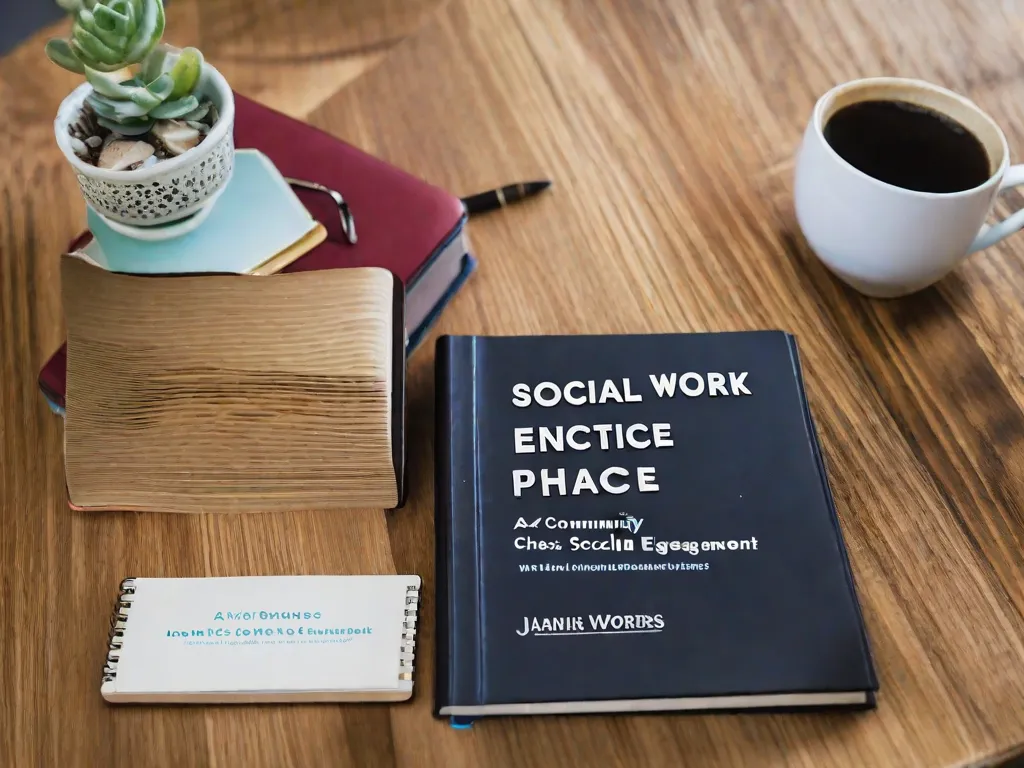 Descrição da imagem: Um close de uma pilha de livros em cima de uma mesa de madeira, cada livro representando um aspecto diferente do trabalho social. Os títulos incluem