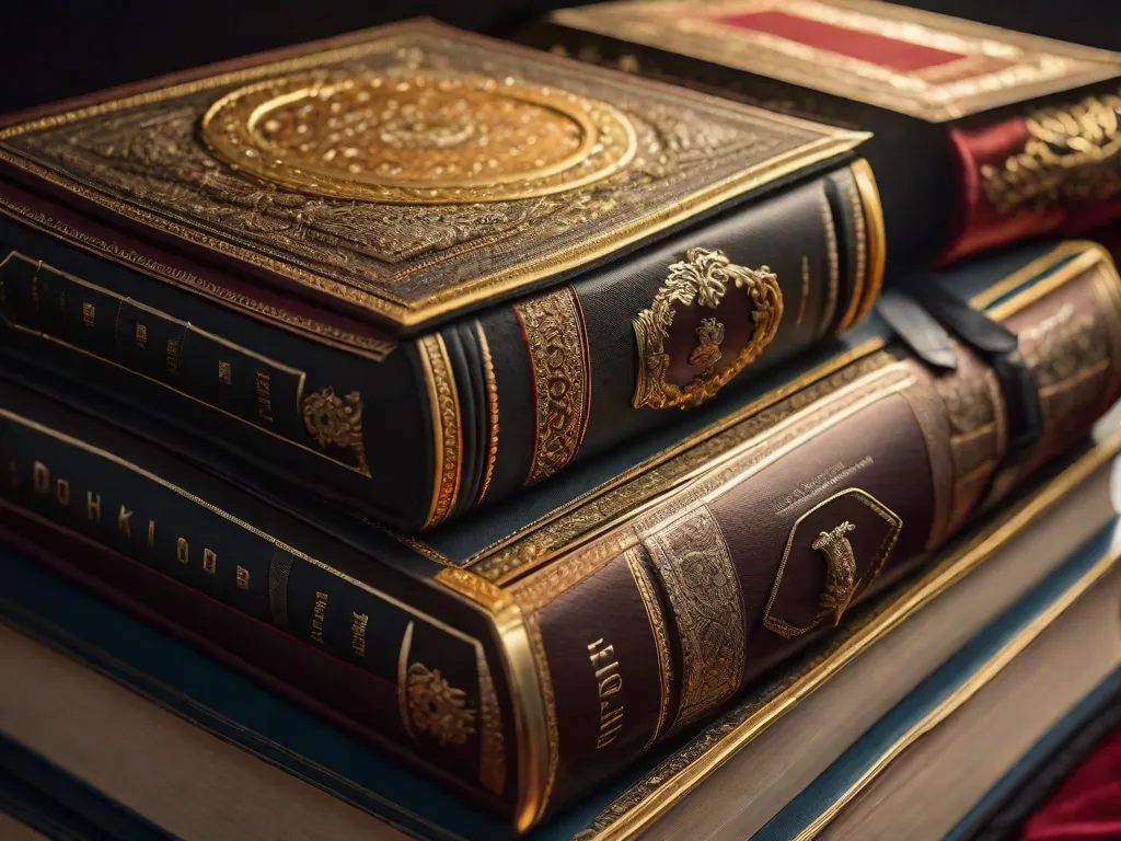 Uma imagem em close-up de três livros lindamente encadernados, dispostos em uma pilha. Cada livro representa um volume diferente de uma trilogia envolvente, exibindo suas capas e títulos intricados. Os livros estão em pé, simbolizando a jornada imersiva que aguarda os leitores em suas páginas.