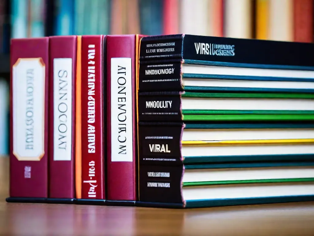 Descrição da imagem: Uma fotografia em close-up de uma pilha de livros com lombadas coloridas, cada um representando um aspecto diferente da virologia. Os títulos incluem