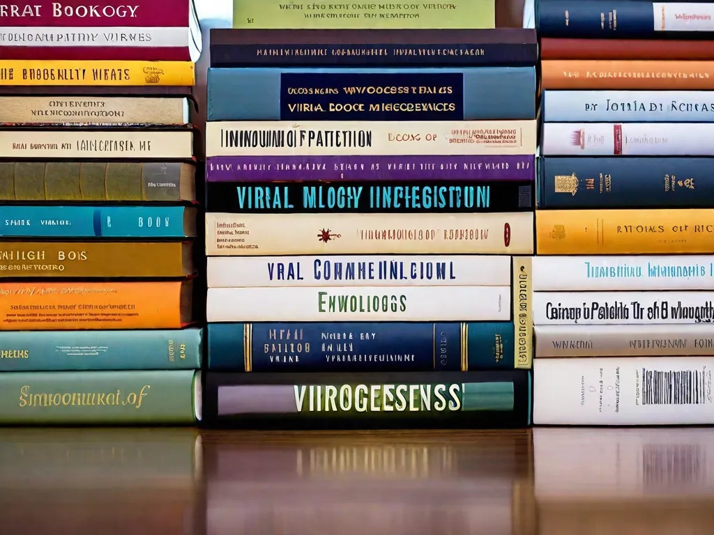 Descrição da imagem: Uma fotografia em close-up de uma pilha de livros com lombadas coloridas, representando vários tópicos relacionados à virologia. Os livros estão arrumados de forma organizada, exibindo títulos como