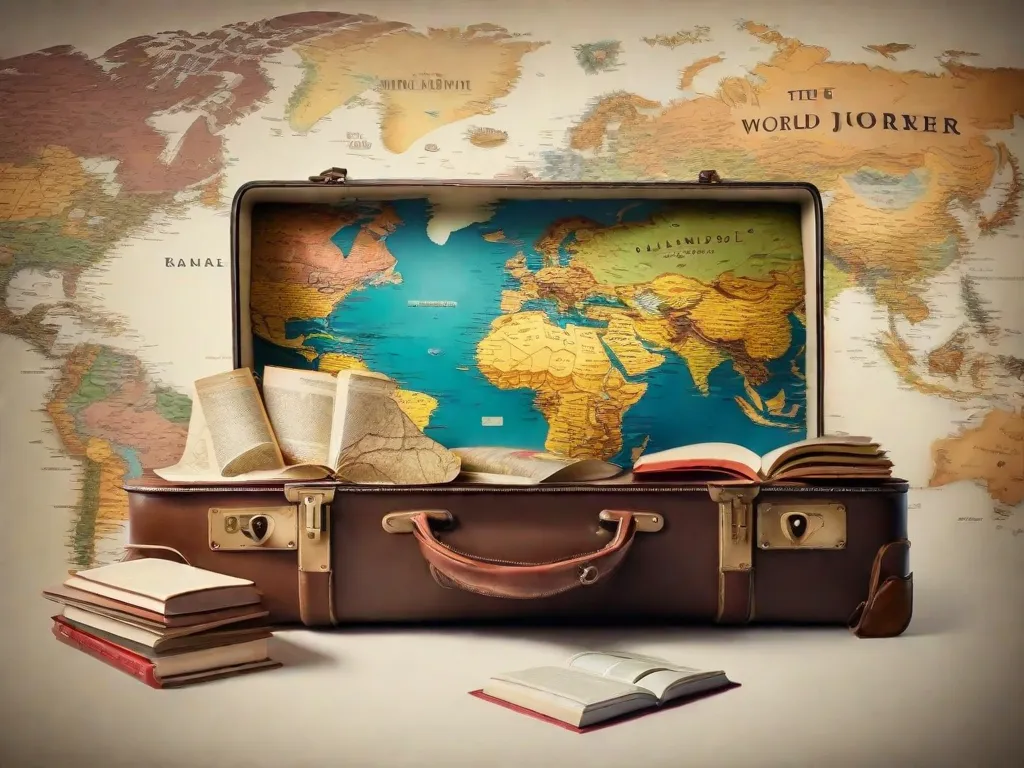 Uma imagem deslumbrante captura a essência da vontade literária de explorar o mundo. Uma mala vintage, adornada com adesivos de viagem, está aberta, revelando um mapa-múndi. Dentro dela, há livros de diversos gêneros, convidando os leitores a embarcar em jornadas literárias que os transportam para terras distantes, acendendo sua vontade de via