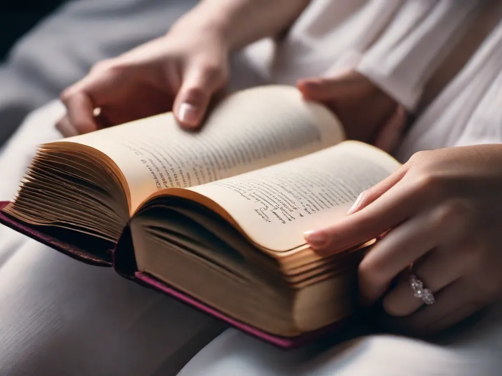 Uma imagem em close de duas mãos entrelaçadas, uma com uma tez clara e a outra com uma tez mais escura, segurando delicadamente uma cópia desgastada de um romance clássico. As páginas do livro estão levemente amassadas, revelando os inúmeros momentos de paixão e amor compartilhados entre seus personagens.