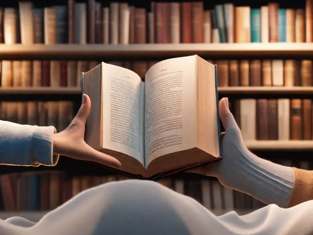 Uma imagem em close-up de duas mãos alcançando o mesmo livro em uma prateleira, simbolizando a conexão e as experiências compartilhadas que os livros podem promover entre as pessoas. As mãos representam o desejo humano por conexão e o poder da literatura em superar barreiras e cultivar relacionamentos significativos.