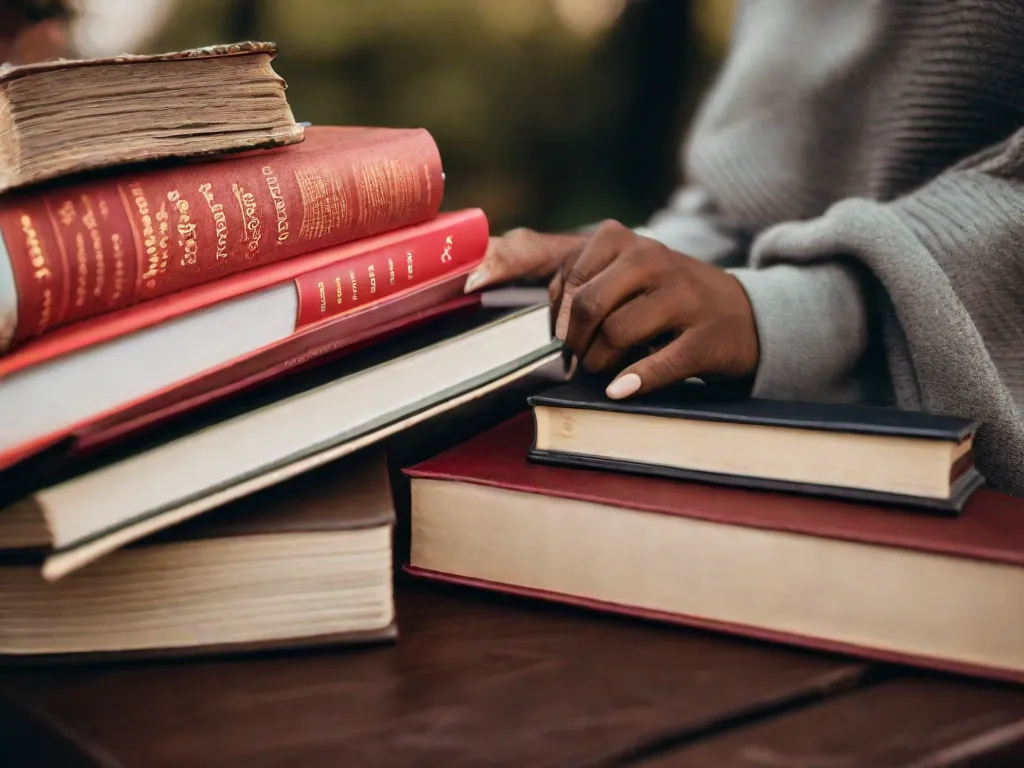 Descrição da imagem:
Um close-up de uma pilha de livros com capas coloridas vibrantes. Cada livro representa um aspecto diferente da negociação, exibindo títulos como