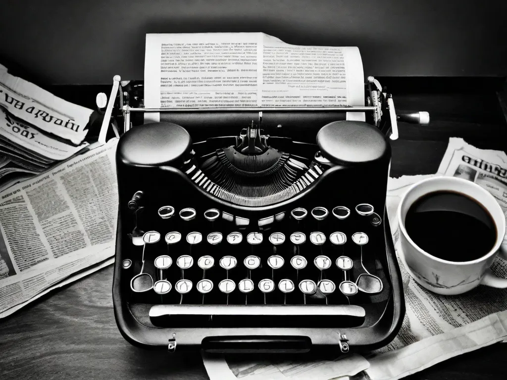 Descrição da imagem: Uma fotografia em preto e branco de uma máquina de escrever antiga, colocada em cima de um monte de jornais e livros antigos. A máquina de escrever está rodeada por pedaços de papel amassados, uma xícara de café e um par de óculos de leitura. A cena captura a essência do jornalismo e da palavra escrita, evocando uma sensação