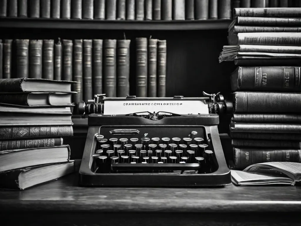 Descrição da imagem: Uma fotografia em preto e branco de uma máquina de escrever antiga, colocada em cima de um monte de jornais e livros antigos. A máquina de escrever está rodeada por pedaços de papel amassados, uma xícara de café e um par de óculos de leitura. A cena captura a essência do jornalismo e da palavra escrita, evocando uma sensação
