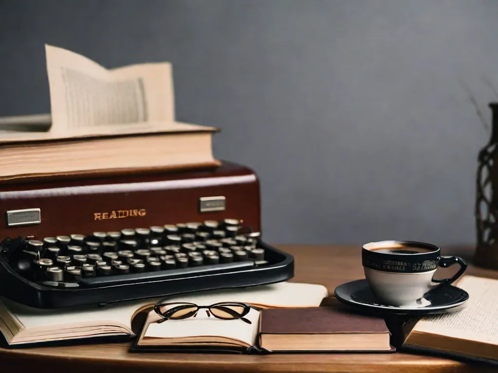 Descrição da imagem:
Uma fotografia em close-up de uma máquina de escrever vintage com uma pilha de livros ao lado. A máquina de escrever está adornada com uma xícara de café e um par de óculos de leitura, simbolizando a essência do jornalismo e o poder dos livros na contação de histórias. Os livros estão arrumados de forma organizada, representando o vasto conhecimento e pesquisa