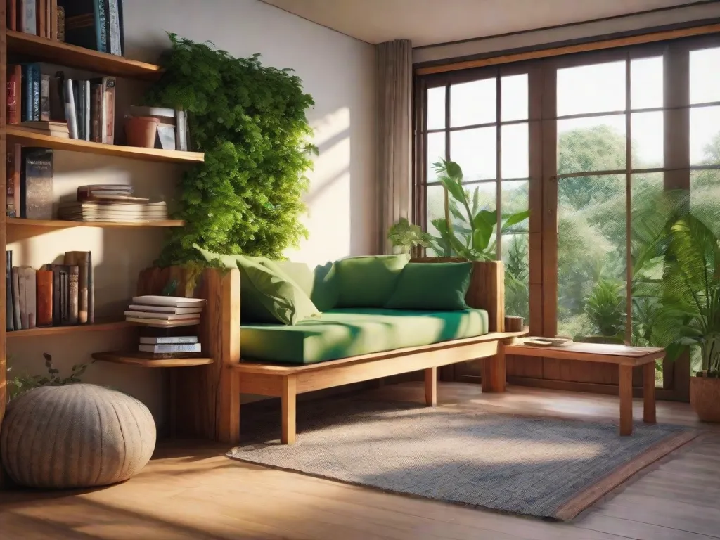 Descrição da imagem: Uma imagem serena de um cantinho aconchegante para leitura, aninhado no coração de uma ecovila. O cantinho é cercado por vegetação exuberante e arquitetura sustentável, com grandes janelas convidando a luz natural para iluminar as prateleiras repletas de livros sobre vida sustentável, permacultura e práticas ecológicas.