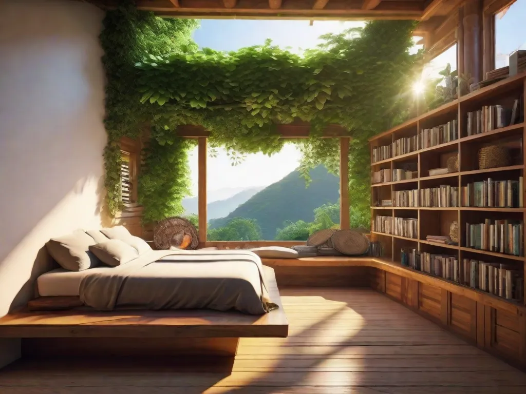 Uma imagem vibrante de um cantinho aconchegante para leitura, aninhado em meio a uma ecovila exuberante e verdejante. A luz do sol atravessa as folhas, lançando um brilho caloroso nos livros empilhados em uma prateleira de madeira. O ambiente tranquilo e a arquitetura sustentável criam um ambiente idílico para ler e se conectar com a natureza