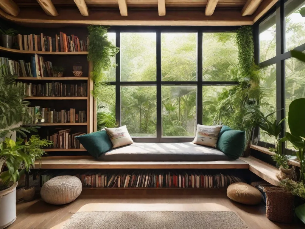 Uma imagem vibrante de um cantinho aconchegante para leitura, aninhado em meio a uma ecovila exuberante e verdejante. A luz do sol atravessa as folhas, lançando um brilho caloroso nos livros empilhados em uma prateleira de madeira. O ambiente tranquilo e a arquitetura sustentável criam um ambiente idílico para ler e se conectar com a natureza