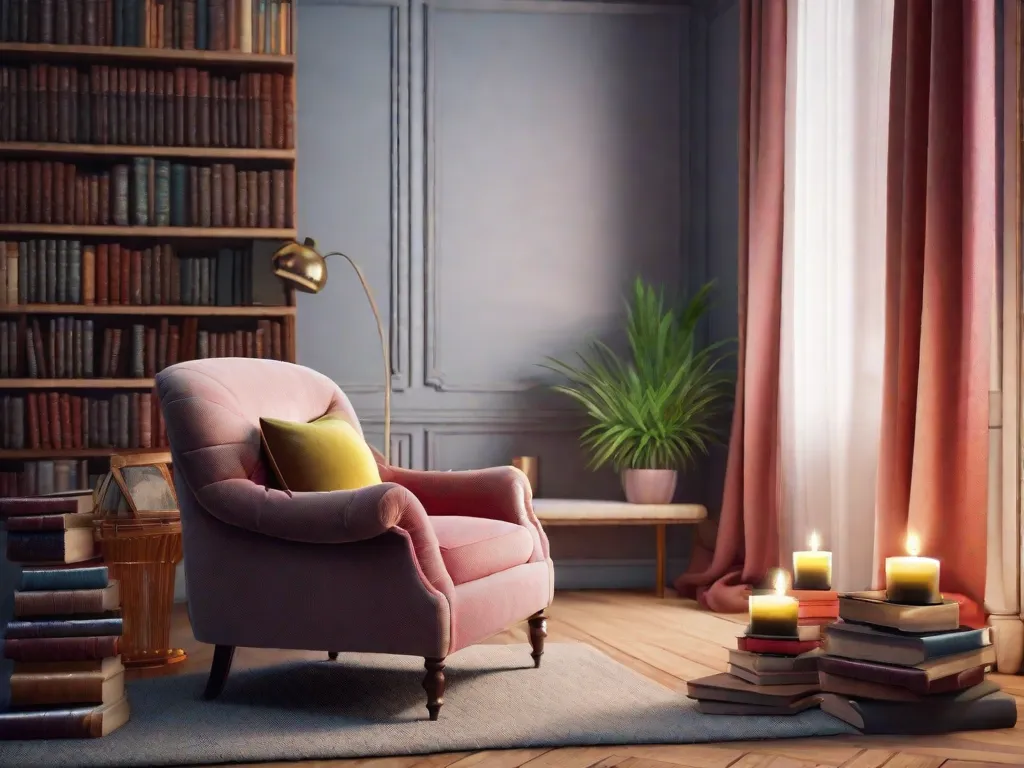 Descrição: Uma pilha de livros lindamente organizados, com capas vibrantes, exibindo uma mistura de gêneros, incluindo romance, mistério, fantasia e não-ficção. Os livros estão posicionados contra um cenário de um cantinho aconchegante para leitura, completo com uma poltrona confortável, uma manta macia e uma xícara de chá fumegante.