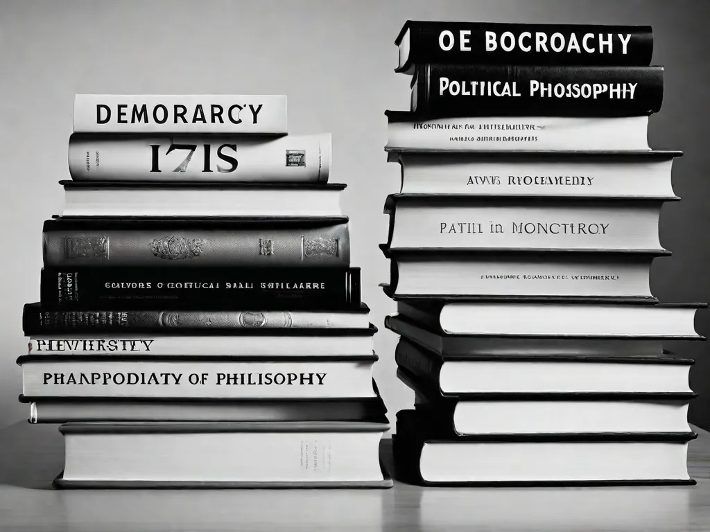 Descrição: Uma imagem em preto e branco de uma pilha de livros com títulos como
