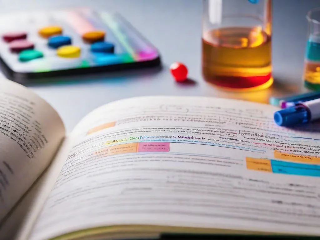 Descrição da imagem: Uma fotografia em close de um livro didático de química aberto em uma página cheia de diagramas coloridos e equações. O texto está destacado com diferentes cores, simbolizando os diversos tópicos abordados na química do ensino médio. A imagem captura a essência de estudar química no ensino médio e a complexidade de seus conceitos.