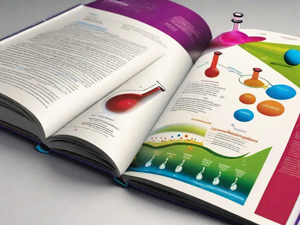 Descrição da imagem: Um close-up de um livro de química aberto em uma página com ilustrações coloridas de reações químicas. A página exibe fórmulas, equações e diagramas, representando os diversos conceitos e tópicos abordados no ensino médio de química. A imagem destaca a natureza dinâmica e visualmente envolvente de aprender química por meio de livros.