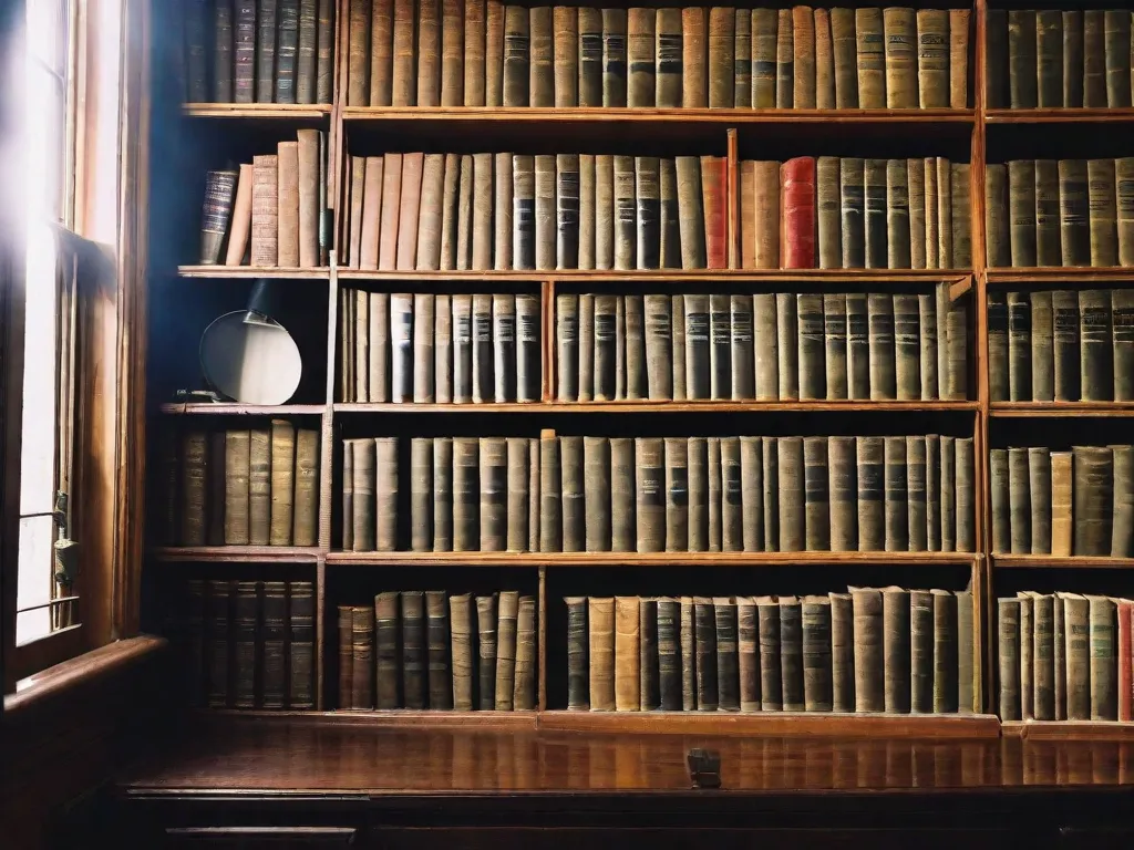 Descrição da imagem: Um quarto com pouca iluminação, com prateleiras cheias de livros empoeirados e antigos sobre criminologia. Os livros estão organizados de forma arrumada, suas lombadas desgastadas exibem títulos como