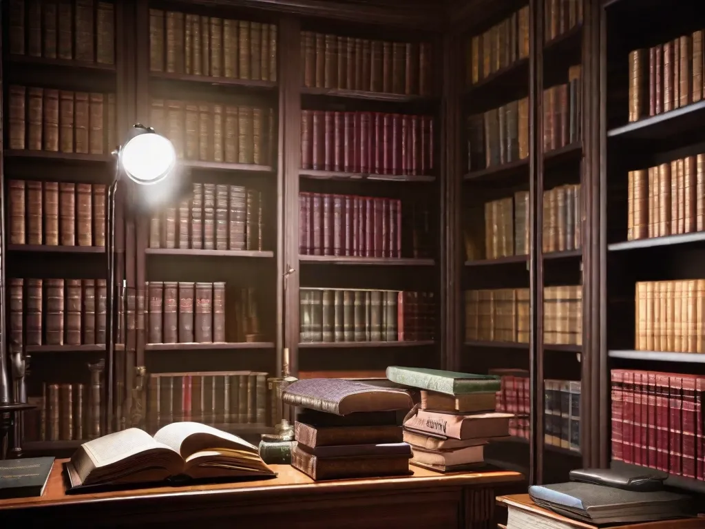Descrição da imagem: Uma estante de livros escura e misteriosa, cheia de romances policiais e livros de crimes reais. Os livros estão organizados de forma arrumada, com títulos como