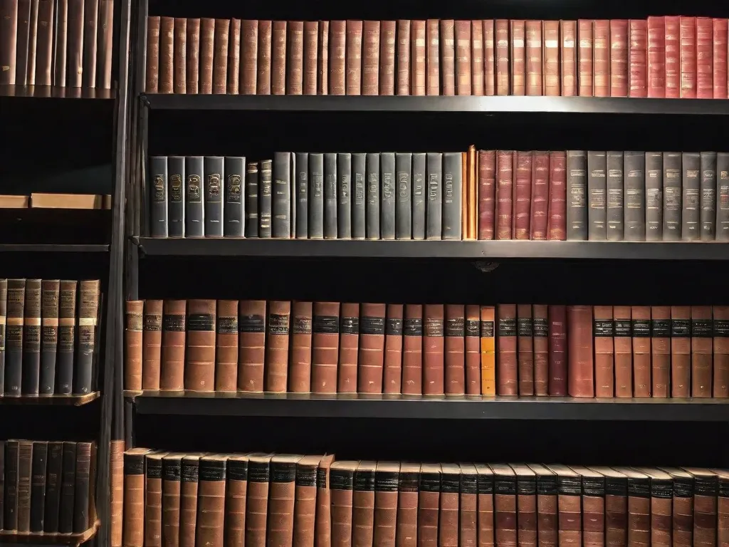 Descrição da imagem: Um quarto com pouca iluminação, com prateleiras empilhadas com livros de criminologia. Os livros estão meticulosamente organizados, criando uma sensação de ordem e conhecimento. Uma lupa repousa em cima de um dos livros, simbolizando a minuciosa análise e exame do comportamento criminoso.