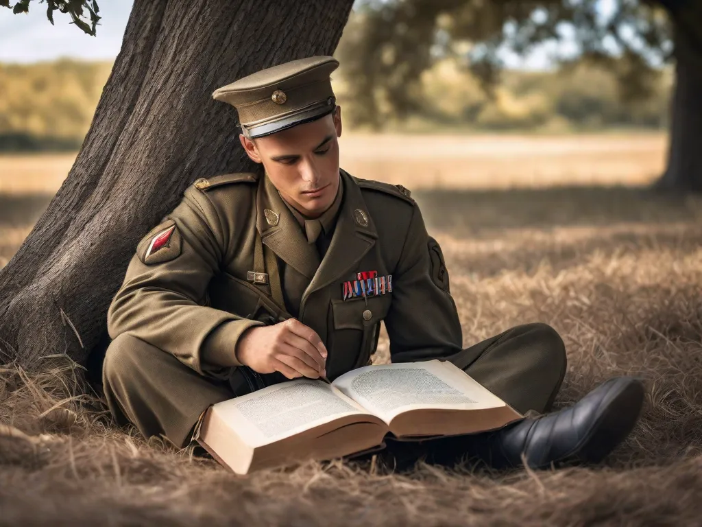 Uma imagem em preto e branco mostra um uniforme de soldado desgastado, jogado sobre um monte de cartas de amor. Páginas desbotadas com palavras sinceras aparecem entre as dobras, simbolizando o romance agridoce que floresceu em meio ao caos da guerra.