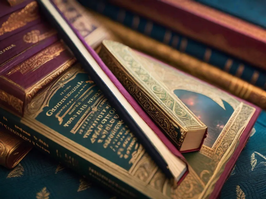 Descrição da Imagem:
Um close-up de três livros lindamente encadernados, organizados em cima uns dos outros. O primeiro livro possui um emblema dourado e majestoso em sua capa, representando a primeira parte de uma trilogia épica. O segundo livro apresenta uma ilustração vibrante e intricada, simbolizando a jornada e o crescimento dos personagens. O último livro exibe uma paisagem