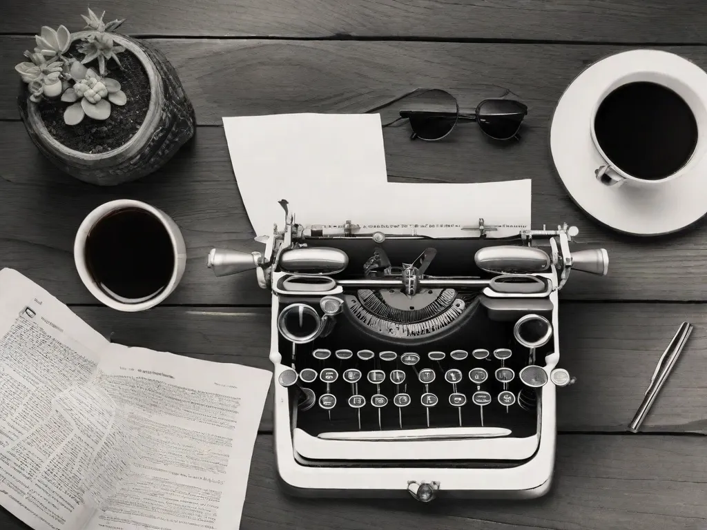 Descrição da imagem:
Uma fotografia em preto e branco de uma máquina de escrever vintage colocada em uma mesa de madeira. A máquina de escrever está cercada por páginas espalhadas, uma xícara de café e um par de óculos de leitura. A cena captura a essência do impacto de Agatha Christie no gênero do suspense, simbolizando sua contribuição atemporal para a literatura e