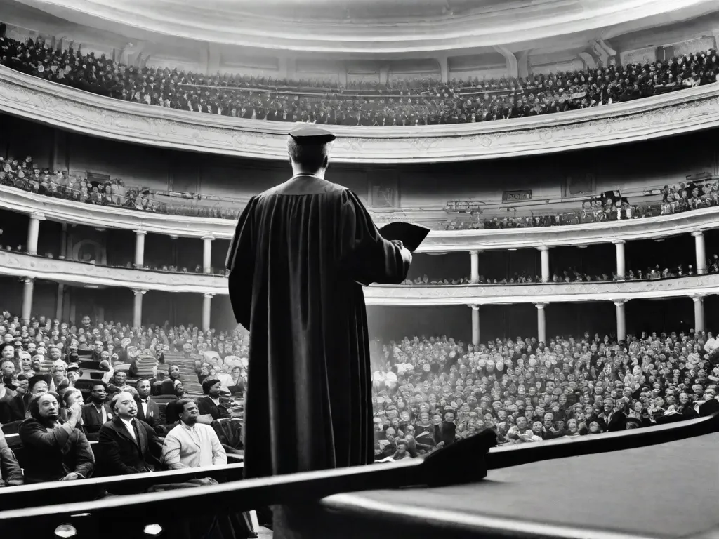 Descrição: Uma imagem em preto e branco de um grande anfiteatro cheio de fileiras de assentos. No centro, um orador confiante está em um palco elevado, gesticulando apaixonadamente com uma mão enquanto segura um pergaminho na outra. A plateia, cativada por suas palavras, inclina-se para frente em antecipação, seus rostos refletindo uma mistura de