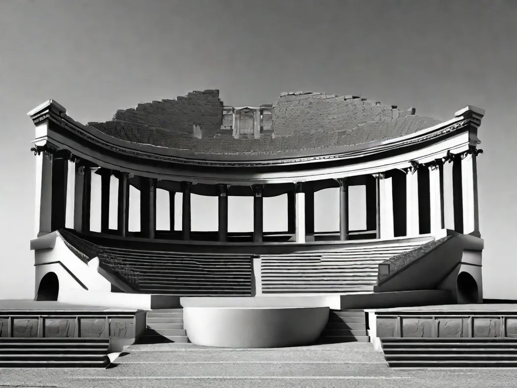 Descrição: Uma imagem em preto e branco de um grande anfiteatro cheio de fileiras de assentos. No centro, um orador confiante está em um palco elevado, gesticulando apaixonadamente com uma mão enquanto segura um pergaminho na outra. A plateia, cativada por suas palavras, inclina-se para frente em antecipação, seus rostos refletindo uma mistura de