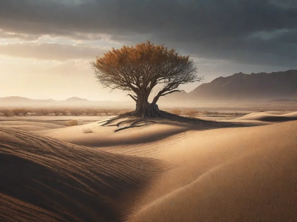 Descrição: Uma imagem de uma árvore solitária erguendo-se alta em meio a uma paisagem árida, simbolizando a resiliência do espírito humano. Os galhos da árvore se estendem em desafio, mostrando a força para resistir à adversidade e crescer apesar das circunstâncias desafiadoras.
