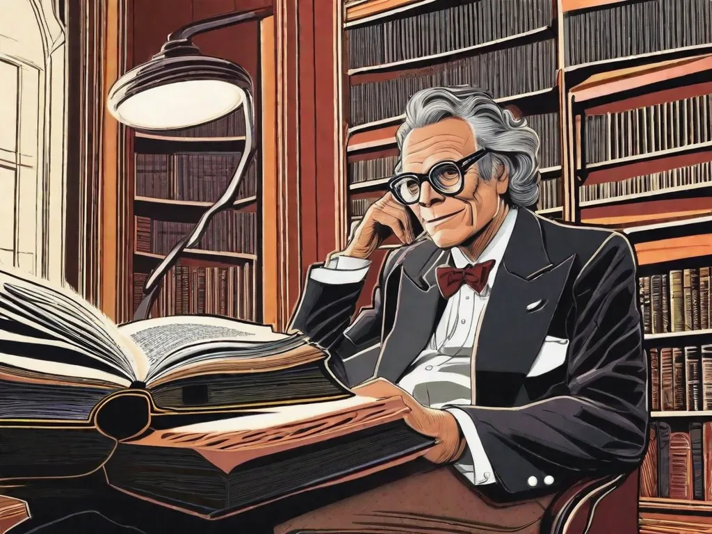 desconhecidos e emocionantes. Asimov, com um olhar pensativo e um sorriso sutil, personifica a imaginação ilimitada e a criatividade que permeiam suas obras. A imagem transmite a ideia de que Asimov é um guia intelectual, oferecendo aos leitores a oportunidade de explorar novas fronteiras da ciência e da imaginação.