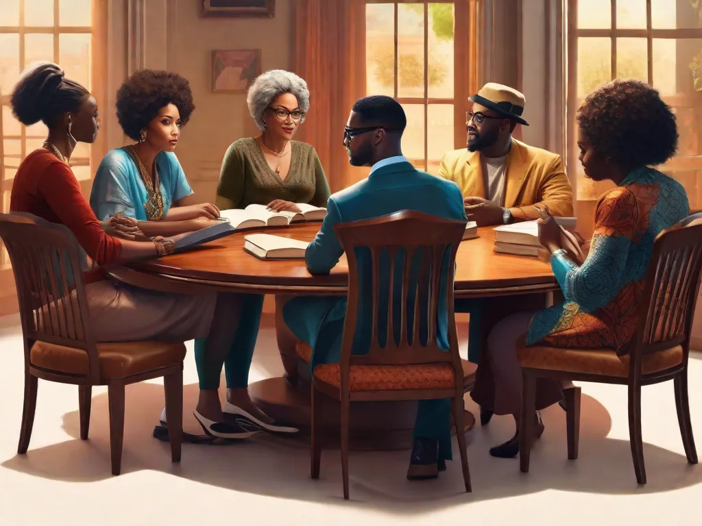Uma imagem de um grupo diversificado de autores de diferentes origens da diáspora africana, sentados juntos em uma mesa redonda, envolvidos em uma discussão animada sobre suas obras literárias. A imagem captura a essência de como a diáspora africana influencia a literatura contemporânea, mostrando o poder da narrativa e o rico intercâmbio cultural que ocorre dentro desse movimento liter