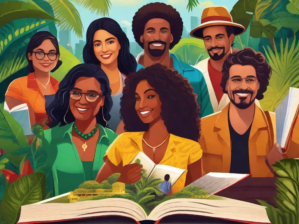 Descrição: Uma ilustração vibrante e colorida retratando um grupo diversificado de autores brasileiros, cada um segurando um livro que representa seu estilo único de escrita. O fundo mostra ícones brasileiros, como a estátua do Cristo Redentor e a Floresta Amazônica, simbolizando a rica herança cultural e a beleza natural que inspiram essas vozes literárias emergentes.