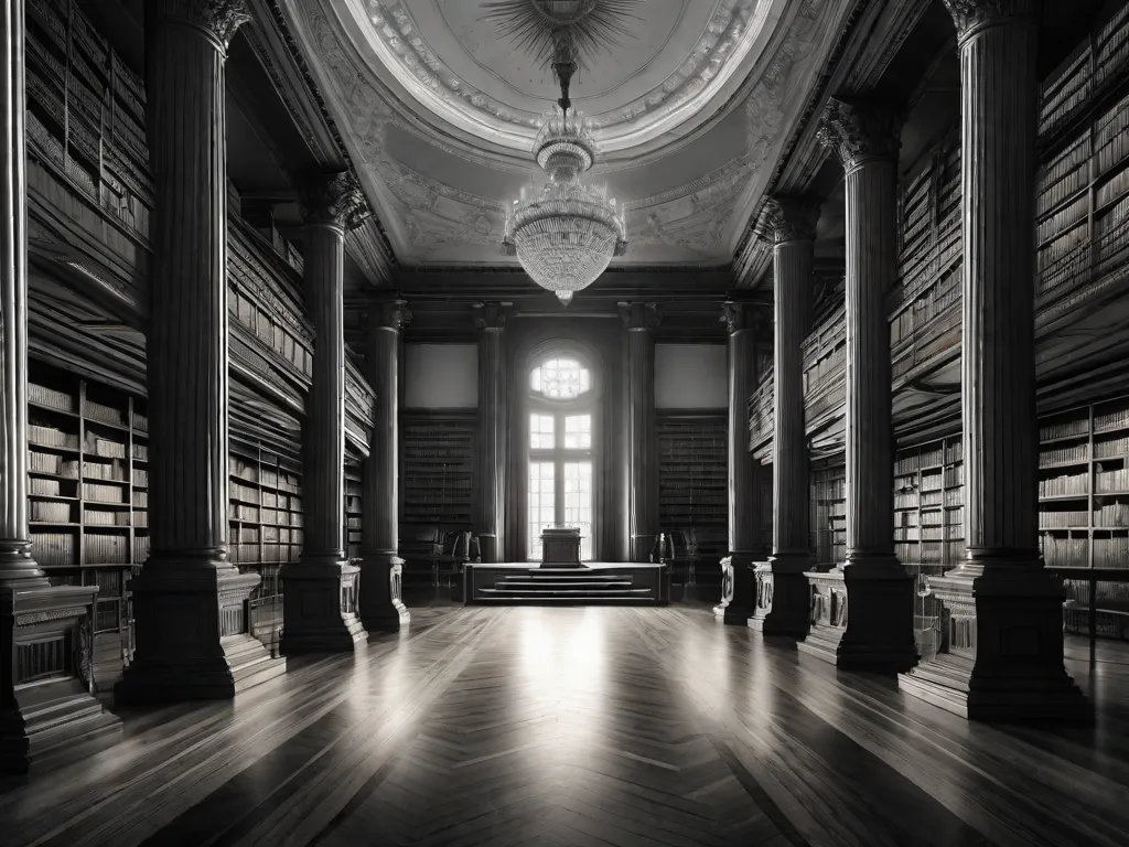 Uma imagem em preto e branco de uma grande biblioteca com fileiras e mais fileiras de livros antigos, iluminada pelo suave brilho de lustres vintage. No centro, um pódio se destaca, simbolizando o poder das palavras e a arte da oratória na literatura antiga.