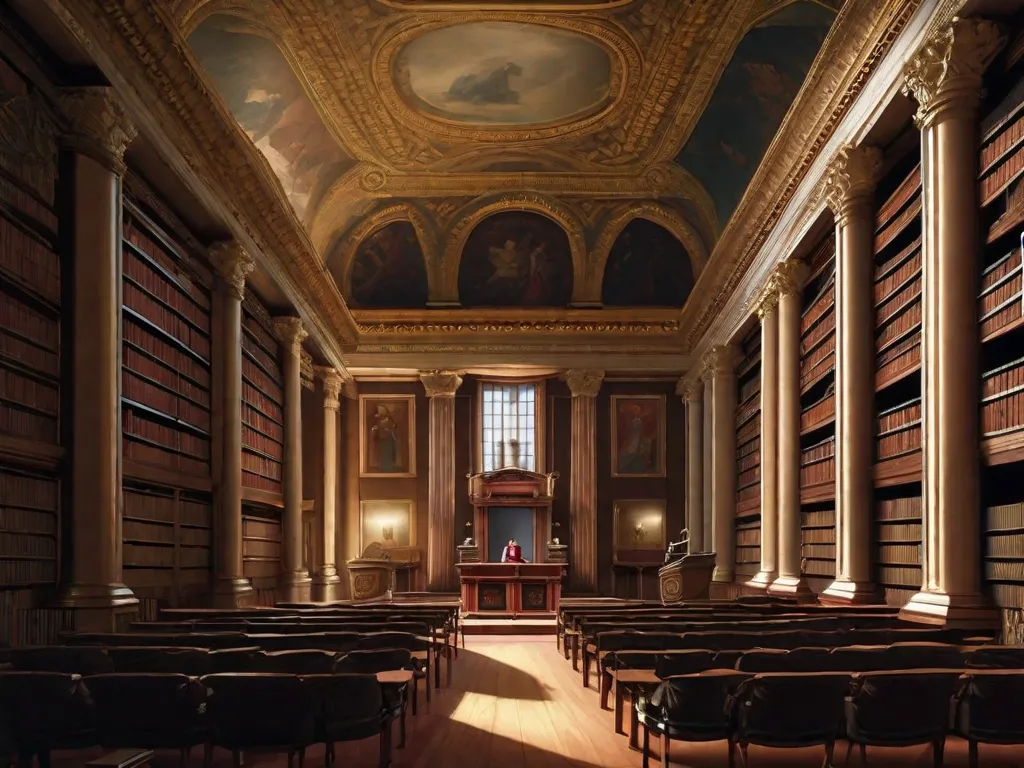 Descrição da imagem:
Nesta imagem, uma grande biblioteca é retratada, cheia de livros e pergaminhos antigos. As prateleiras estão alinhadas com volumes encadernados em couro, e há uma sensação de sabedoria e conhecimento emanando da sala. Uma figura solitária está em pé em um púlpito, entregando apaixonadamente um discurso para uma plateia envolvida, simbolizando