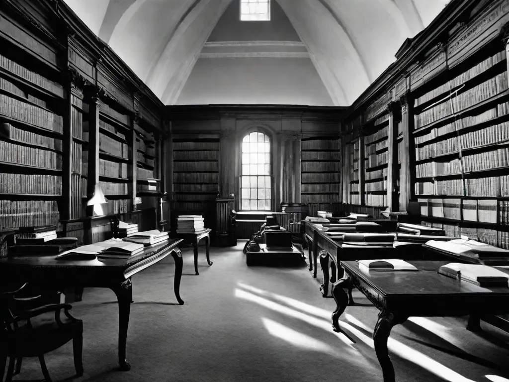 Descrição da imagem:
Uma fotografia em preto e branco de uma grande biblioteca com estantes altas repletas de manuscritos antigos. Raios suaves de luz solar filtram pelas janelas, iluminando as partículas de poeira no ar. No centro da imagem, uma antiga mesa de madeira com uma pena de escrever e um tinteiro repousa, convidando escritores a sentarem e