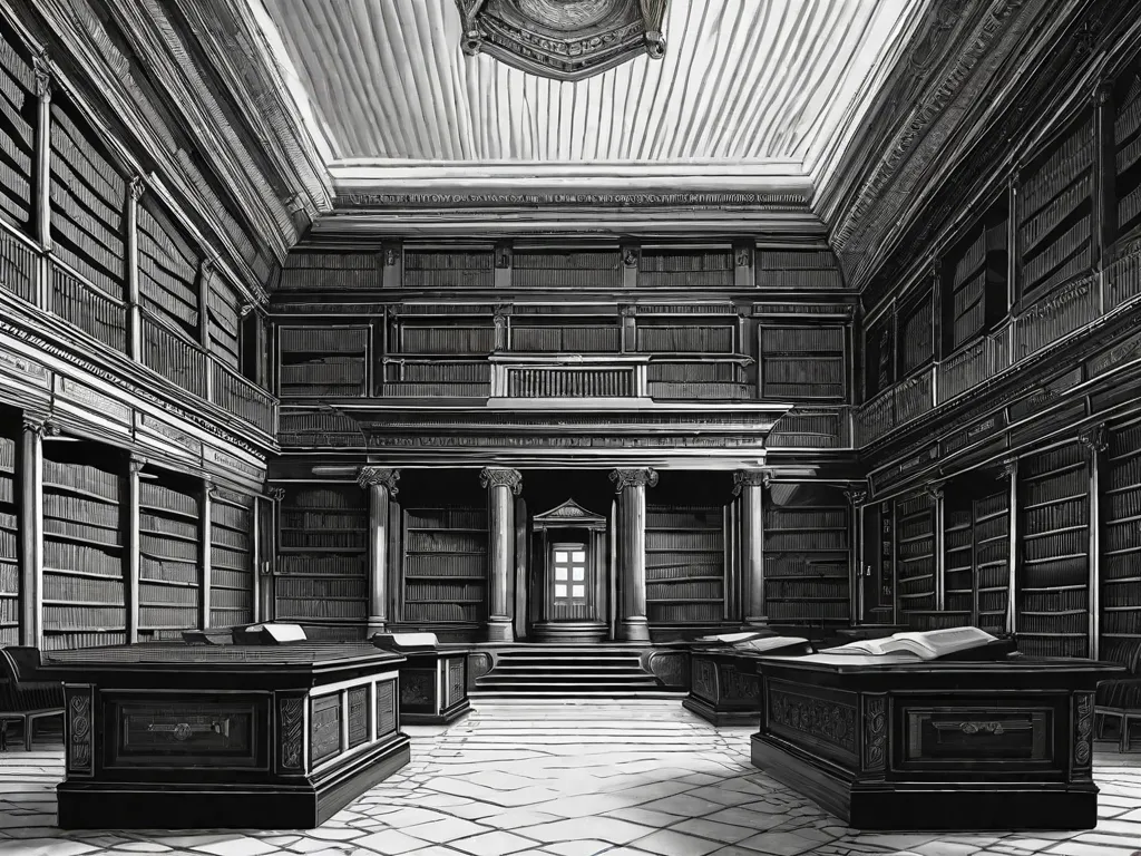 Uma imagem em preto e branco de uma grande biblioteca, com fileiras e mais fileiras de livros antigos alinhados nas prateleiras. Em primeiro plano, um pódio se destaca, adornado com um microfone e uma pilha de papéis. A imagem captura a essência do poder das palavras, simbolizando a arte da oratória e da retórica na literatura antiga.
