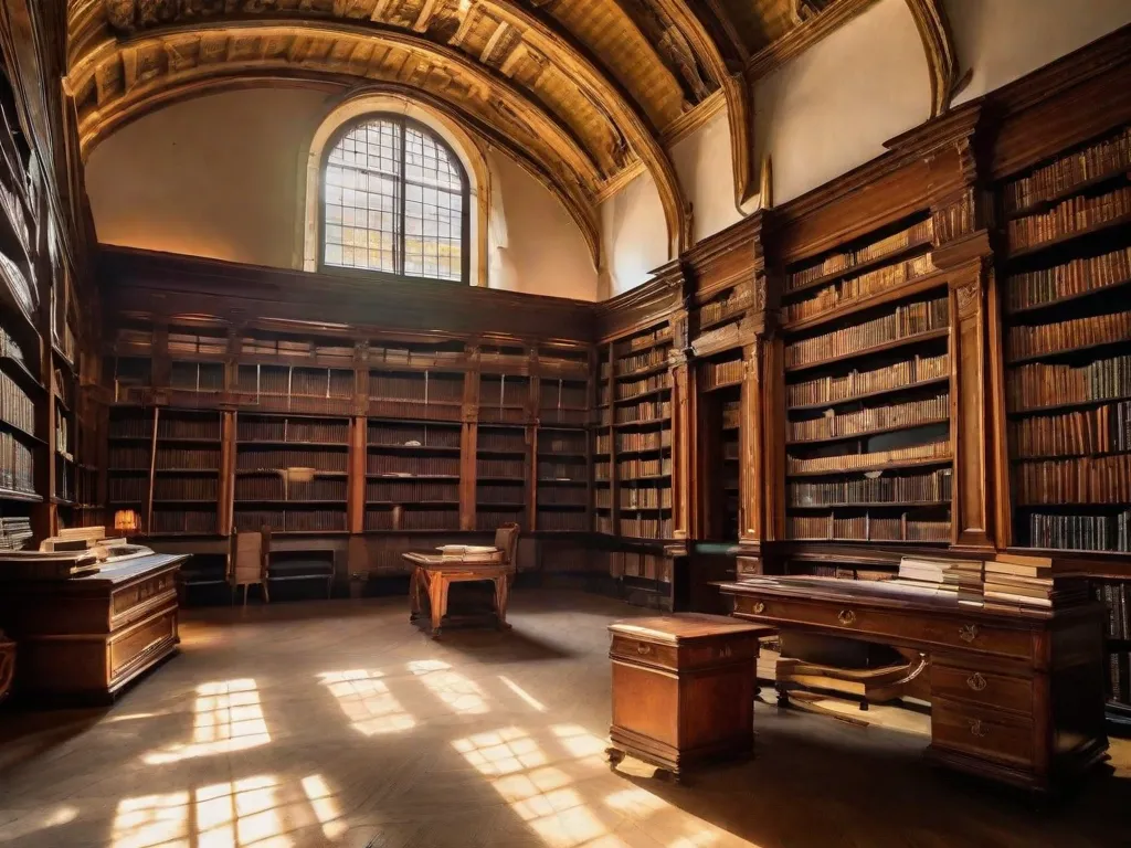 A imagem retrata uma biblioteca antiga, com estantes cheias de rolos de papiro e pergaminhos. A luz do sol entra pelas janelas altas, iluminando o espaço e realçando a atmosfera serena e misteriosa que inspirou os grandes escritores da Antiguidade a criar suas obras-primas.