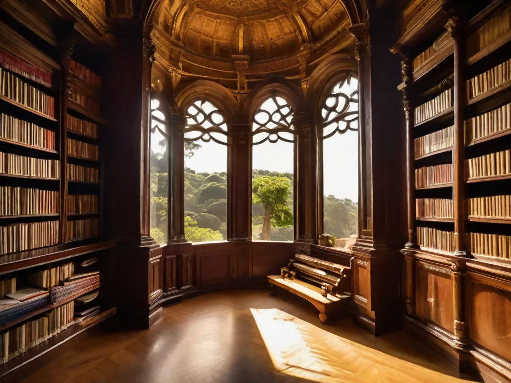 A imagem retrata uma antiga biblioteca com estantes cheias de rolos de papiro e pergaminhos. A luz do sol entra pelas janelas altas, iluminando o espaço e realçando a atmosfera de sabedoria e conhecimento que inspirou os grandes escritores da Antiguidade.