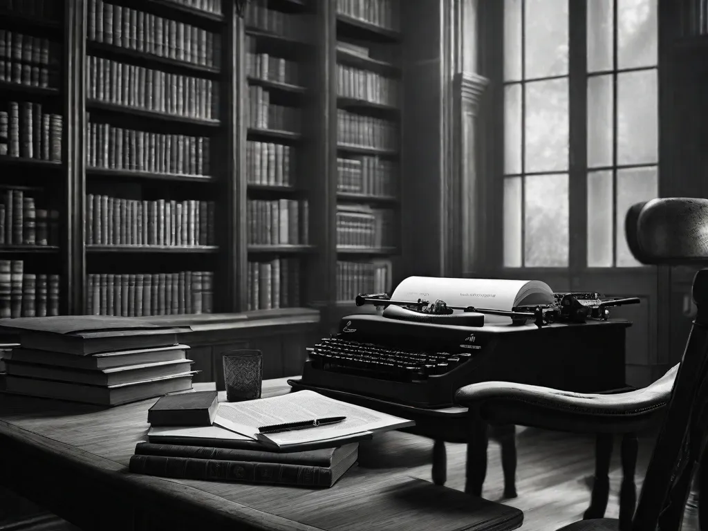 Uma fotografia em preto e branco captura uma biblioteca pouco iluminada, cheia de prateleiras empoeiradas e livros antigos. Um pincel descansa em uma mesa de madeira, ao lado de uma máquina de escrever com uma pilha de papéis amassados. A imagem representa a harmoniosa fusão entre arte e literatura, onde criatividade e história se entrelaçam.