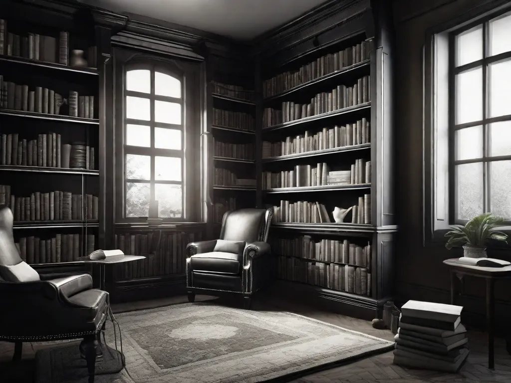Uma fotografia em preto e branco de um cantinho aconchegante de biblioteca, com prateleiras cheias de livros antigos. Um recanto de leitura levemente iluminado é decorado com poltronas vintage e uma pequena mesa com uma xícara de café fumegante. A atmosfera exala uma sensação de nostalgia, convidando os leitores a mergulharem no cativ