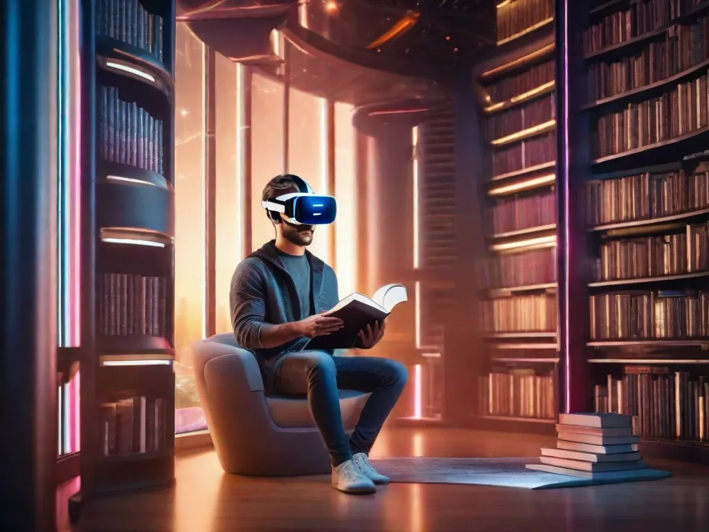 Uma imagem de uma pessoa sentada em uma biblioteca futurista, cercada por livros holográficos e usando um headset de realidade virtual, imersa em um mundo virtual de literatura. A imagem representa o futuro da leitura, onde a tecnologia e a inovação aprimoram a experiência de leitura.