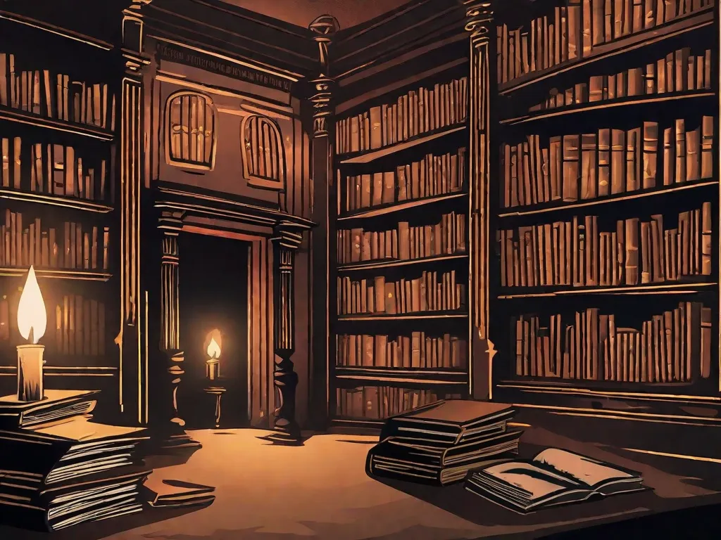 Descrição da imagem: Uma biblioteca com pouca iluminação, com prateleiras cheias de livros antigos. Em primeiro plano, um livro de capa de couro desgastado intitulado