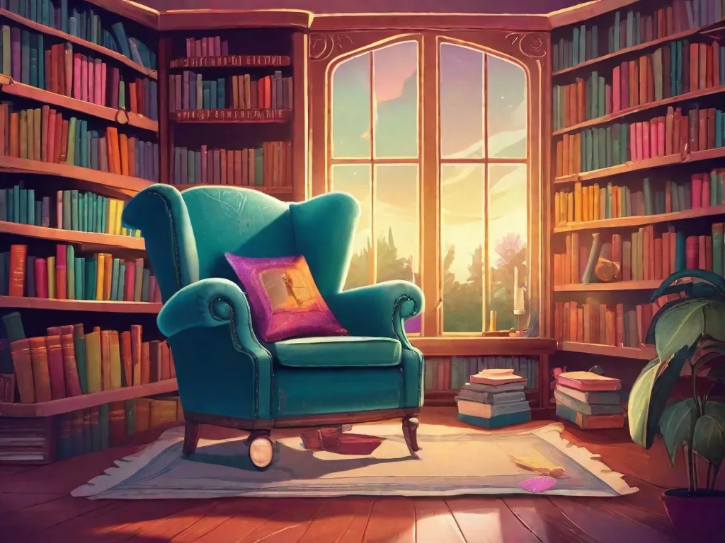 Descrição da imagem: Uma ilustração encantadora de uma biblioteca, com prateleiras cheias de livros coloridos. Em primeiro plano, há uma poltrona desgastada com uma manta aconchegante sobre ela. O ambiente está banhado por uma luz suave e quente, criando uma atmosfera mágica que convida os leitores a mergulharem no mundo encantador das histórias cl