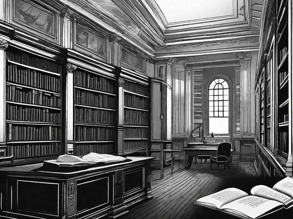 Uma imagem em preto e branco de uma antiga biblioteca empoeirada, com fileiras de estantes de livros se estendendo ao longe. Em primeiro plano, uma lupa está colocada em cima de um livro aberto, destacando os detalhes intricados de um esboço de cena de crime. A imagem captura a essência do universo de Agatha Christie, onde o suspense e o mistério ganham vida através