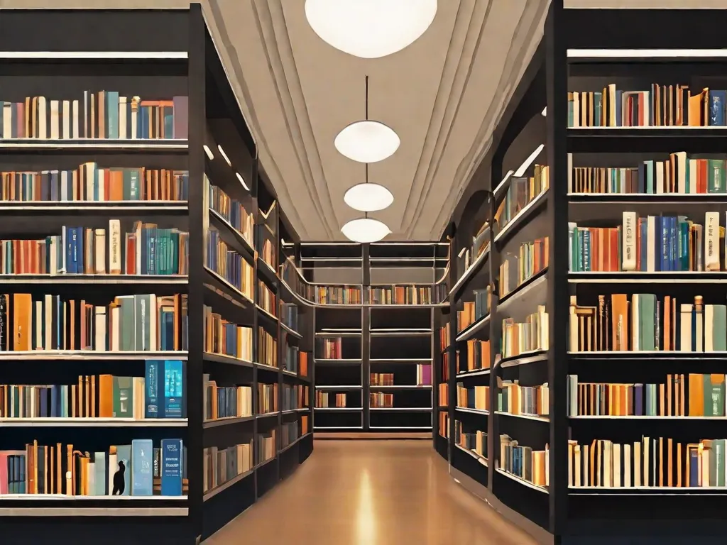 Na imagem, vemos uma biblioteca moderna com prateleiras cheias de livros. De um lado, há estátuas gregas antigas representando figuras mitológicas como Zeus, Atena e Poseidon. Do outro lado, há livros contemporâneos com títulos como