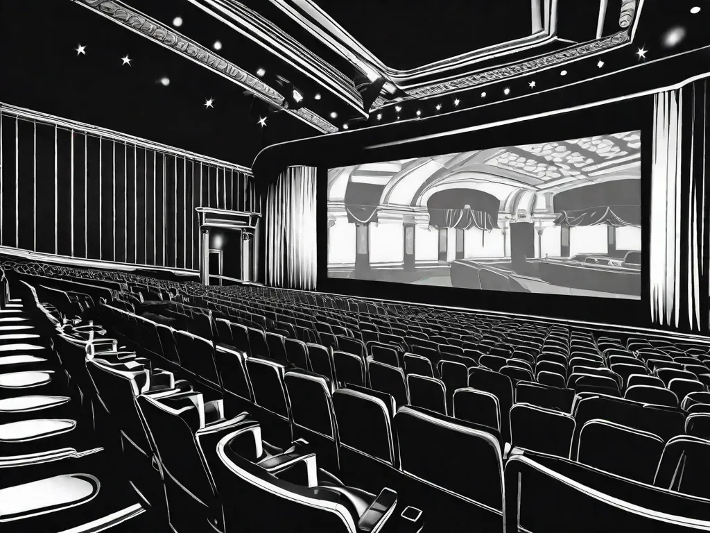 Uma imagem em preto e branco de uma cadeira solitária de cinema, iluminada pelo brilho de um filme clássico projetado em uma grande tela. A icônica silhueta de Don Corleone é visível, simbolizando o impacto duradouro de 