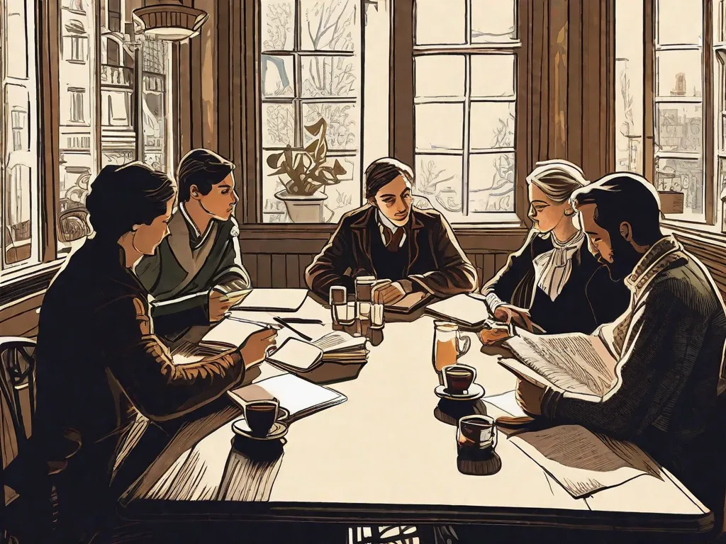 Um café aconchegante em Paris, cheio do rico aroma de café recém-coado. Ao fundo, um grupo de escritores se reúne, imersos em conversas profundas, suas canetas rabiscando furiosamente em cadernos desgastados. As paredes são adornadas com pôsteres vintage, sussurrando histórias de encontros literários passados.