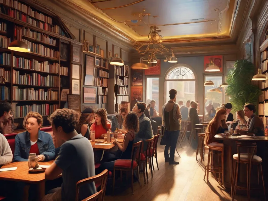 Uma imagem vibrante que mostra uma multidão diversificada reunida em um local de concerto ao ar livre. Pessoas de todas as idades e origens estão absortas na apresentação, algumas segurando livros e outras cantando junto. A cena captura a fusão harmoniosa da literatura, música e cultura popular, simbolizando a interação entre essas formas de arte.