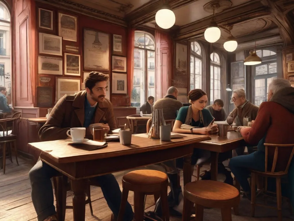 Um café aconchegante em Paris, cheio do rico aroma de café recém-coado. Ao fundo, um grupo de escritores se reúne, imersos em conversas profundas, suas canetas rabiscando furiosamente em cadernos desgastados. As paredes são adornadas com pôsteres vintage, sussurrando histórias de encontros literários passados.