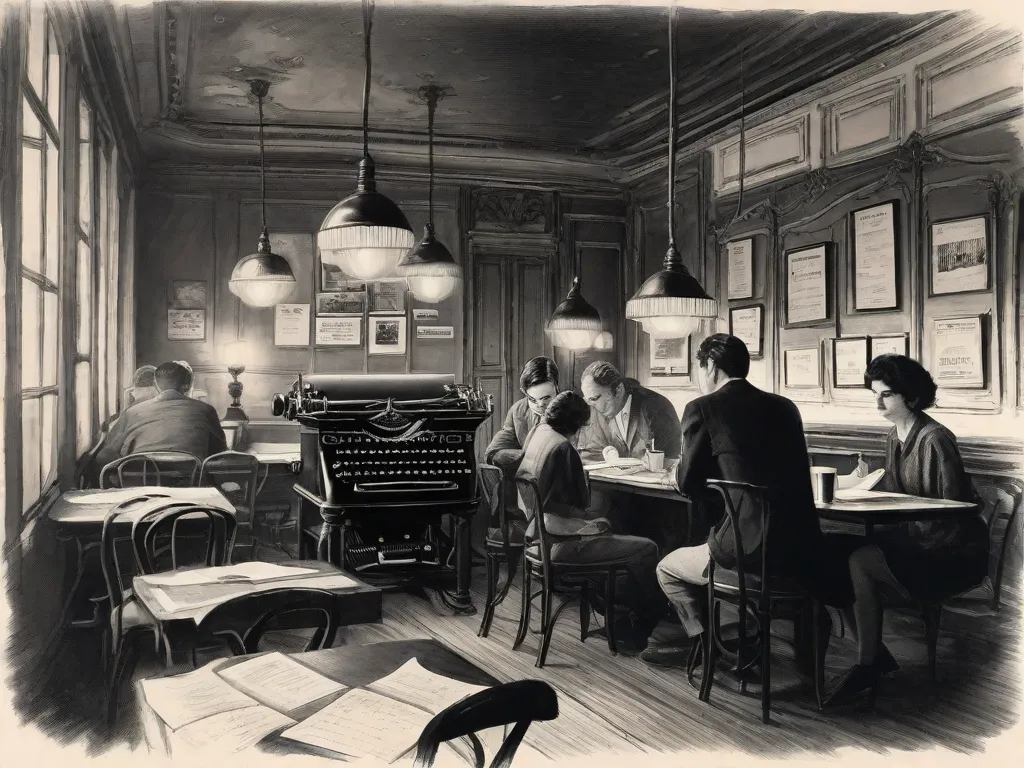 Uma imagem em preto e branco de um café aconchegante em Paris, com lâmpadas vintage levemente iluminadas e mesas de madeira. Em primeiro plano, uma máquina de escrever repousa sobre uma escrivaninha desgastada, rodeada por páginas espalhadas de anotações escritas à mão. Ao fundo, um grupo de escritores se reúne, envolvidos