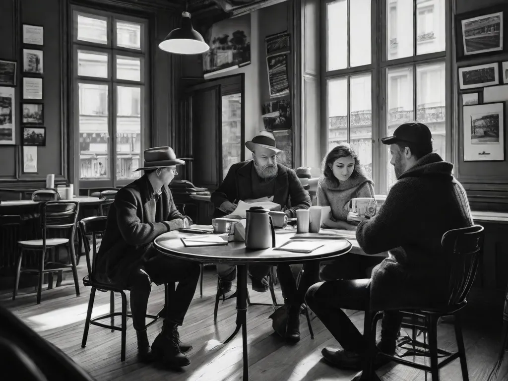 Uma foto em preto e branco de um café aconchegante em Paris, com mesas e cadeiras de madeira vintage. No primeiro plano, uma antiga máquina de escrever repousa sobre uma mesa, rodeada por xícaras de café e folhas de papel espalhadas. Um grupo de escritores se reúne, absortos em conversa, com suas canetas prontas sobre cadernos.