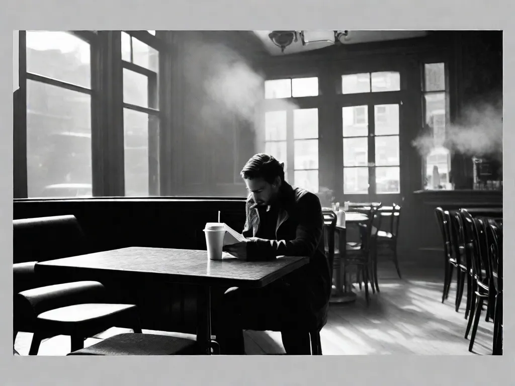 Descrição da imagem: Uma fotografia em preto e branco de um café com pouca iluminação, com uma figura solitária sentada em uma mesa, perdida em pensamentos. A pessoa está segurando um livro, seu rosto parcialmente obscurecido pelo vapor que sobe de uma xícara de café. A atmosfera exala um sentimento de contemplação e introspecção, capturando a essência do existencialismo